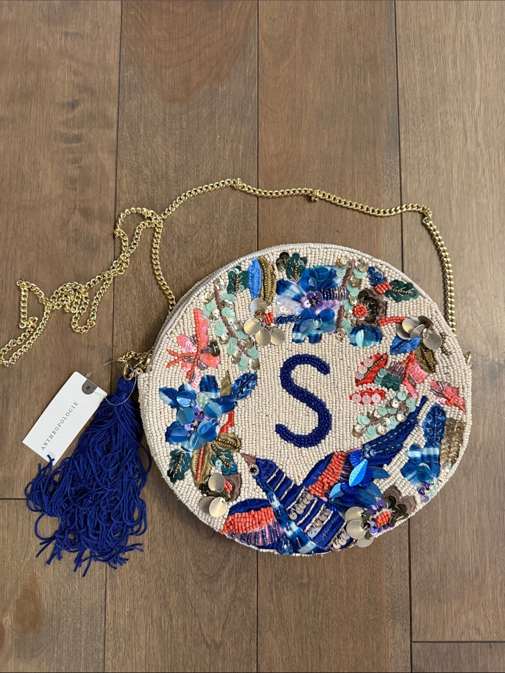 Embellished Round Crossbody Bag with Blue Tassel - Initial S